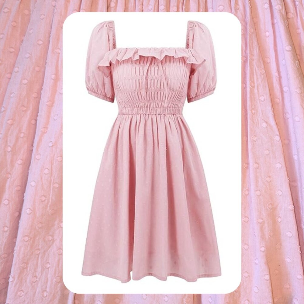 Pink Milkmaid Dress - Ruffle, Bow, & Puff Sleeves
